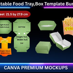 Peut inclure: Un ensemble de modèles numériques pour plateaux et boîtes alimentaires imprimables. Comprend divers modèles, avec des dimensions en centimètres, et un contenant de frites. Le texte "CANVA PREMIUM MOCKUPS" est également inclus.