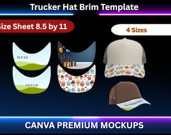 May include: Image of a trucker hat brim template with the text "Trucker Hat Brim Template" and "Size Sheet 8.5 by 11". The image shows four hat designs, including a beige hat with a cupcake pattern and a brown hat. The text "CANVA PREMIUM MOCKUPS" is also visible.