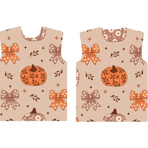 May include: A sleeveless top featuring a repeating pattern of pumpkins, bows, and floral accents in shades of orange, brown, and cream. The design includes small diamond shapes and leaf sprigs, creating a fall-themed aesthetic.
