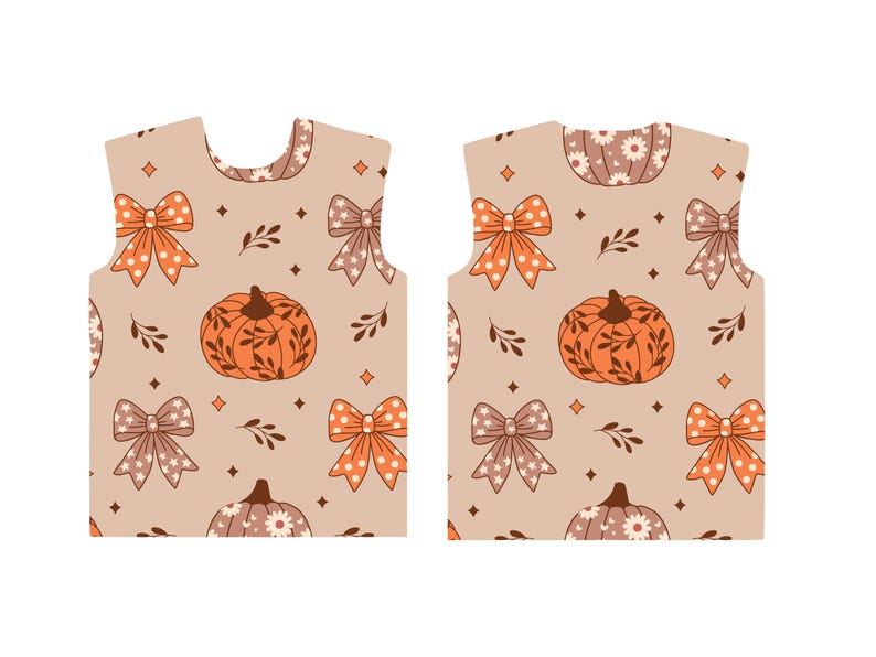 May include: A sleeveless top featuring a repeating pattern of pumpkins, bows, and floral accents in shades of orange, brown, and cream. The design includes small diamond shapes and leaf sprigs, creating a fall-themed aesthetic.