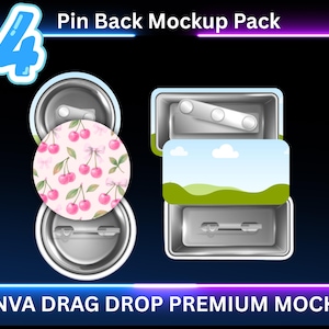 Peut inclure: Un pack de maquettes de quatre badges. Un bouton présente un motif de cerises roses. Les autres boutons ont un paysage. Le texte "Pin Back Mockup Pack" et "CANVA DRAG DROP PREMIUM MOCKUPS" sont affichés.