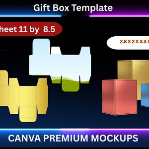 May include: Gift box template with dimensions and size sheet information. The image shows a gift box template with a size sheet of 11 by 8.5 inches. The assembled boxes are 2.8 x 2 x 3.3 inches. The image also includes the text "CANVA PREMIUM MOCKUPS."
