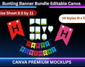 Bunting Banner Bundle Editable Canva Template, Flag Banners Canva Frames, Printable Birthday Garland, Drag & Drop, Blank Template, Wedding