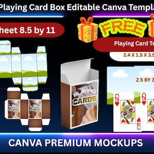 May include: An image showcasing a playing card box template with the text "Playing Card Box Editable Canva Template." The design includes a box mockup, playing cards, and the text "Playing Cards." Dimensions are 2.4 x 1.5 x 3.5 inches.