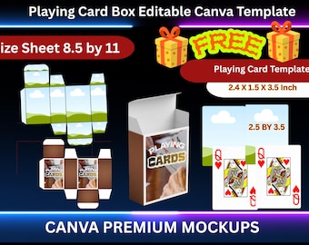 Może przedstawiać: Obraz szablonu pudełka na karty do gry z tekstem "Playing Card Box Editable Canva Template". Projekt zawiera makiety pudełek, karty do gry i tekst "Playing Cards". Wymiary: 6,1 x 3,8 x 8,9 cm.
