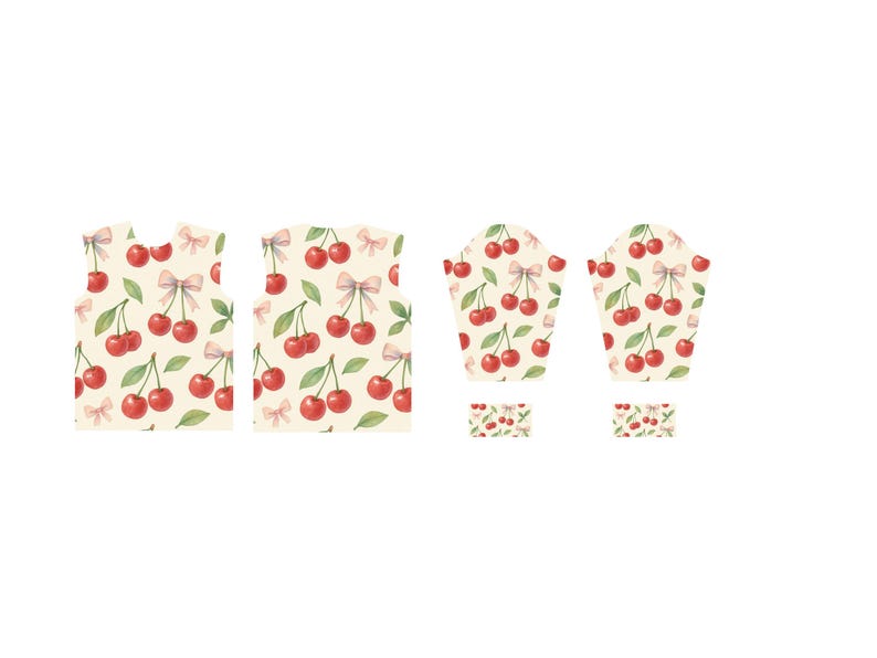 May include: A collection of fabric pieces featuring a repeating pattern of red cherries, green leaves, and pink bows on a cream background. The pieces include a vest, oven mitts, and small square patches.