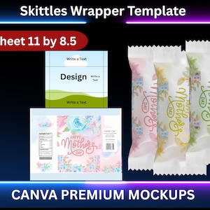 Peut inclure: Maquette de conception pour des emballages Skittles, sur le thème de la fête des Mères. Le design comprend des éléments floraux, le texte "Happy Mother's Day" et une feuille de format 27,9 x 21,6 cm. L'image comprend également le texte "CANVA PREMIUM MOCKUPS."
