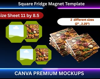 Può includere: Modello di calamita da frigorifero quadrata con design a pasta. L'immagine mostra una pila di calamite, due diverse dimensioni (5,08 cm, 5,72 cm) e un foglio di dimensioni 27,94 cm per 21,59 cm. È visibile anche il testo "CANVA PREMIUM MOCKUPS".