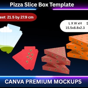 May include: A graphic showing pizza slice box templates. The image includes a flat template, a red box, and orange boxes. The size sheet is 21.5 by 27.9 cm. The dimensions of the boxes are 15.5x8.8x2.3. The text "CANVA PREMIUM MOCKUPS" is at the bottom.