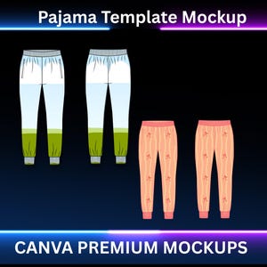 May include: A pajama template mockup featuring two pairs of white and blue pajama pants with green accents and two pairs of peach-colored pajama pants with a pattern. The text "Pajama Template Mockup" and "CANVA PREMIUM MOCKUPS" are displayed.