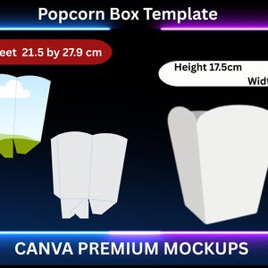 Può includere: Un modello di scatola per popcorn bianca con dimensioni di 10 cm di larghezza e 17,5 cm di altezza. Il formato è 21,5 x 27,9 cm. L'immagine include un rendering 3D della scatola e il suo modello piatto. Il testo "Popcorn Box Template" è in alto.