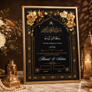 Certificado de matrimonio editable, certificado Nikah imprimible con diseño floral negro, regalo de boda personalizado para parejas, plantilla gratuita de Canva