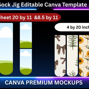 Może przedstawiać: Obraz szablonu Canva do skarpet z tekstem "Sock Jig Editable Canva Template". Obraz przedstawia wzory skarpet z różnymi wzorami, w tym kokardą, choinką i słonecznikami. Arkusz rozmiarów ma wymiary 50,8 cm na 27,9 cm i 21,6 cm na 27,9 cm.