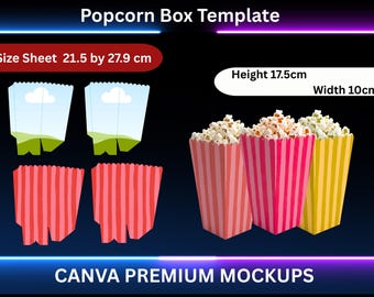 Szablon pudełka na popcorn, Pudełko na popcorn w formacie SVG, Pudełko na przekąski w formacie SVG, Pudełko na upominki na imprezę, Szablon pudełka na przekąski, Pudełko na popcorn w formacie SVG, Edytowalne pudełko Canva, Pudełko na popcorn DIY
