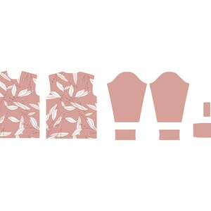 May include: A pattern layout for a garment, featuring a dusty rose color with a white leaf design. The layout includes the front and back of a sleeveless top, sleeves, and a waistband.