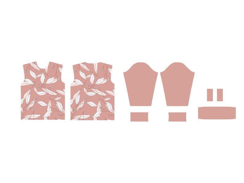 May include: A pattern layout for a garment, featuring a dusty rose color with a white leaf design. The layout includes the front and back of a sleeveless top, sleeves, and a waistband.