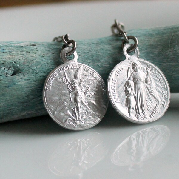 Saint Michael Earrings Vintage French Dangle Drop Tiny Archangel St Medals