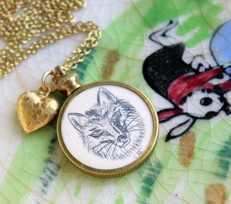 Fox Face Necklace Cute Vintage Faux Scrimshaw Fob Pendant Etsy