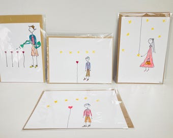 Original Illustration on Cards , cute characters drawings, with enveloppe