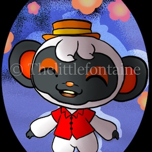 Pode incluir: Ilustração de um personagem de macaco de desenho animado usando uma camisa vermelha, calças brancas e um chapéu amarelo. O macaco tem um rosto preto, pele branca e orelhas laranja. O fundo é azul com flores laranja e rosa.