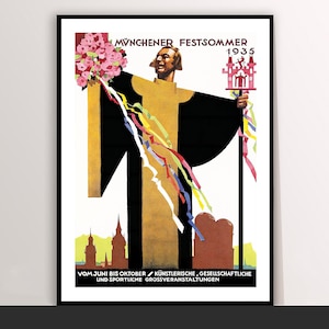 Münchener Festsommer Vintage Travel Poster: German Beer Festival Art