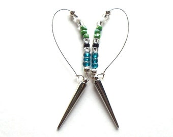 Long Dangle Spike Earrings. Edgy Chic Jewelry for Fun Loving Ladies. Turquoise, Blue, Emerald, Green and Black. Ready to Ship.