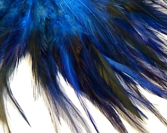 Blue Rooster Badger Saddle Feathers. 4-6 inch length. 2 inch Pre-strung Strip. Supplies for DIY Crafts. Jewelry Making Components.