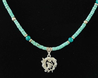 Fantasy Dragon Statement Necklace, Turquoise Dyed Magnesite and Australian Jasper Beaded Choker, Unisex Handmade Jewelry for Medieval fans