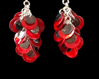 Long Dangle Cluster Earrings for Women, Bohemian Festival Shell Jewelry, Red and Black Cascade Ear Rings, Gifts for Her, Ready to Ship