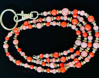 ID Lanyard Badge Holder for Keys, Peach and Orange, Beaded,  Lanyard Necklace Gift for Teacher or Nurse - Ready to Ship