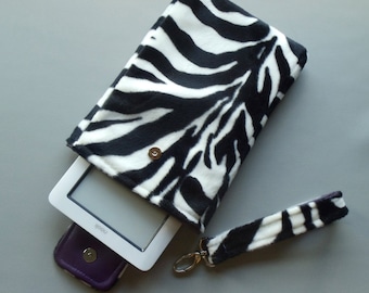 Zebra eReader Cover. Fabric eBook Cover. 7 and 8 inch Tablet Case. Electronics Sleeve with Removable Handle Strap. Fun Gifts for Teens.