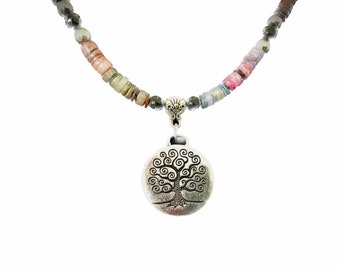 Tree of Life Pendant Beaded Sea Shell Necklace, Rainbow  Heishe Jewelry, Boho gifts for Ocean Lovers with a surfer Style