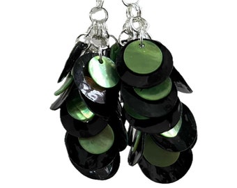 Black and Green Seashell Cluster Earrings, Bohemian Style Beach Inspired Jewelry, Accessory for the Trendy Mom