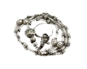 Beaded Lanyard Necklace for Women,  ID Badge Holder, White Pearl and Silver Gift for Teacher or Nurse - Made to Order