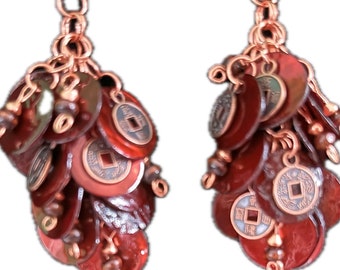 Asian Style Chinese Coin Copper Cluster Earrings, Bohemian Sea Shell Jewelry