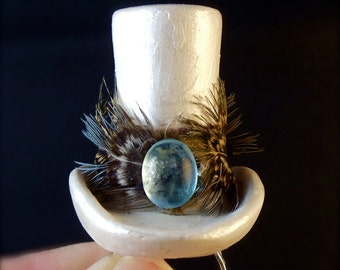 Chunky Tall Adjustable Ring for Teens. Rock n Roll Statement Jewelry. White Top Hat w Feather Band.  Big Fun Trendy Conversation Piece Gift.