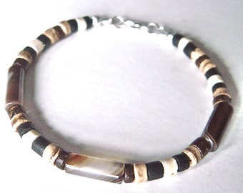 Coconut Shell Wood Bead Bracelet for Him. Semi Precious Gemstone Tribal Jewelry. Beaded Boho Gift for Boyfriend. 8 in length. Ready to Ship.