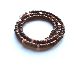 Mens Beaded Surfer Necklace. Boho Gemstone Jewelry for Him. Brown Coconut Shell Wood Beads with Orange Sunstone and Copper Tone Accents.