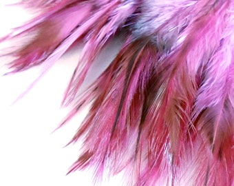 Pink Dyed Chinchilla Rooster Saddle Feathers. 3 Inch Feather Length. 2 Inch Pre-strung Strip. Jewelry Making Supplies for DIY Crafts.