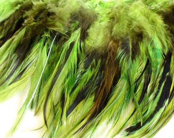 Green Dyed Chinchilla Rooster Saddle Feathers. 3 Inch Feather Length. 2 Inch Pre-strung Strip. Jewelry Making Supplies for DIY Crafts.