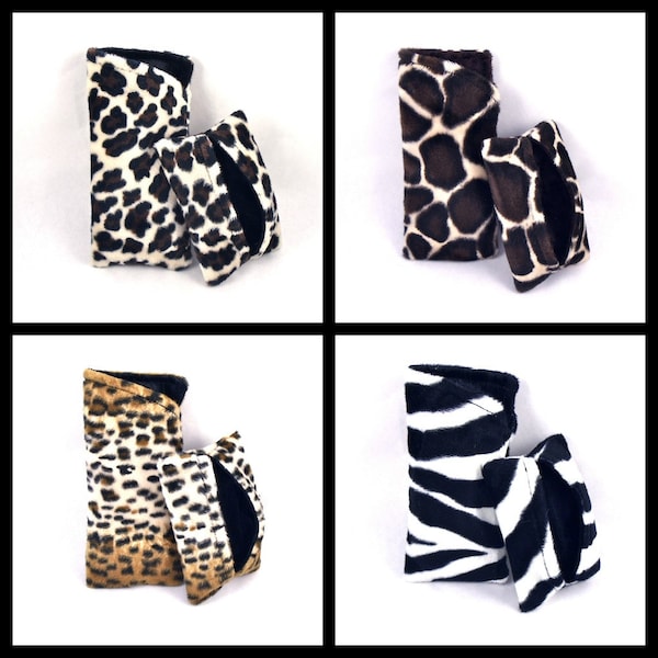 Eyeglass Sleeve and Travel Tissue Holder Set. Sunglass Case with Pocket Tissue Pouch. Faux Fur Animal Print Cheetah, Giraffe, Leopard, Zebra