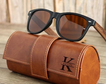 Gafas de sol personalizadas para hombre con estuche de piel. Ideales como regalo para bodas, padrinos, novio o despedida de soltero.