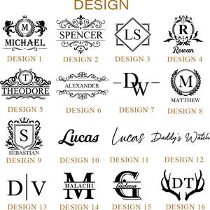 May include: A collection of 16 design options for personalized items. The designs include monograms, names, and initials in various fonts and styles. The word "DESIGN" is at the top in gold lettering.