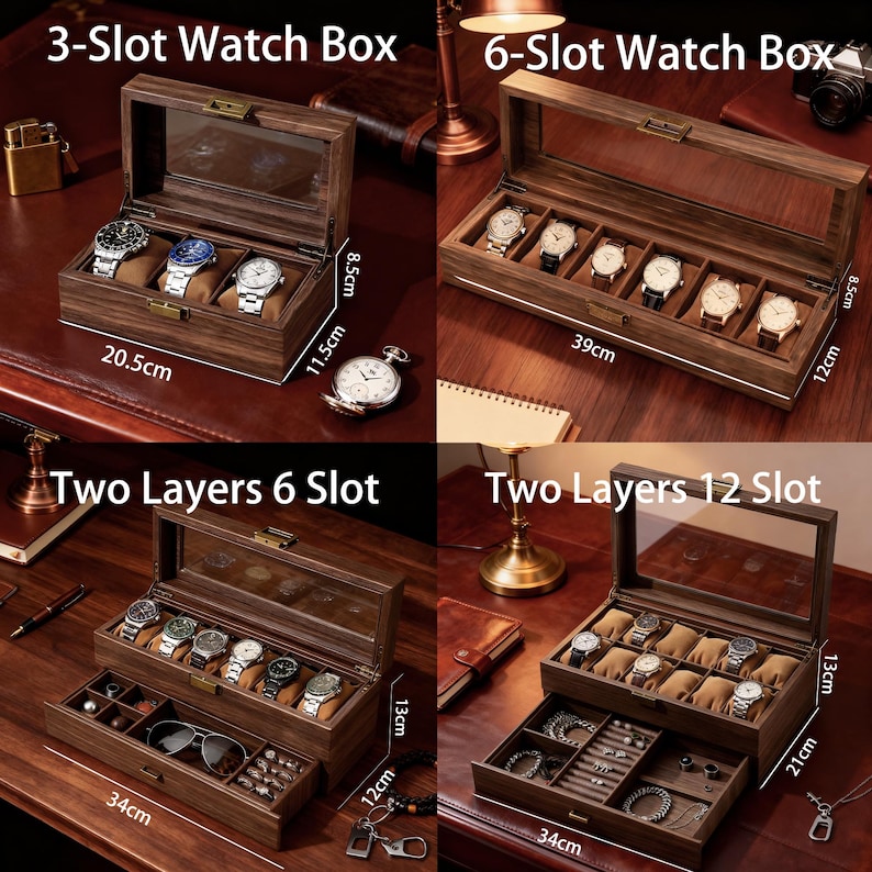 May include: Wooden watch boxes with glass lids. The image shows a 3-slot box (20.5cm long, 11.5cm high, 8.5cm deep), a 6-slot box (39cm long, 12cm high, 8.5cm deep), a two-layer 6-slot box (34cm long, 13cm high, 12cm deep), and a two-layer 12-slot box (34cm long, 21cm high, 13cm deep).