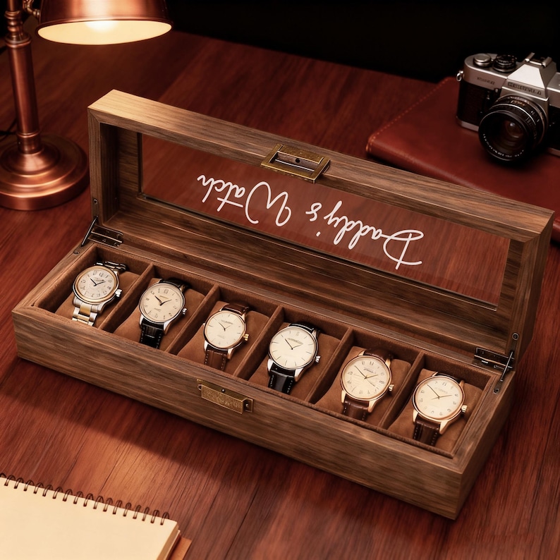 May include: A wooden watch box with a glass lid, holding six watches with various band styles. The box is engraved with "Daddy's Watch" in white script. The watches have gold and silver tones.