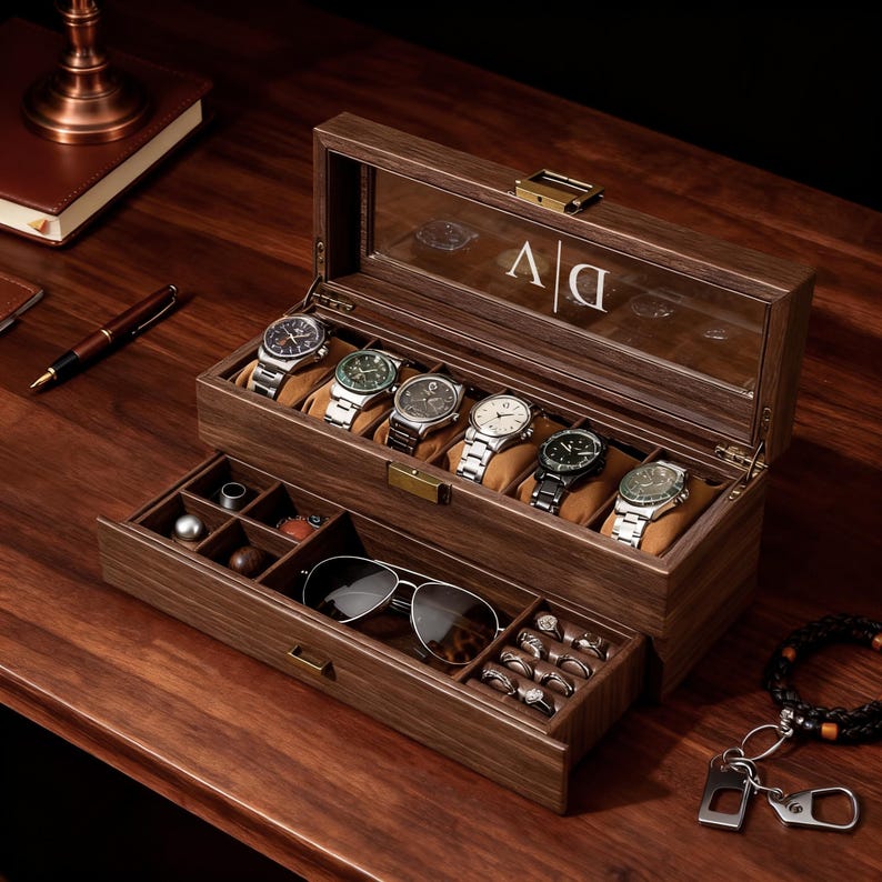 May include: A wooden watch box with a glass top, displaying six watches on tan cushions. The box has a pull-out drawer with compartments for accessories, including sunglasses and rings. The initials "DV" are visible on the glass.