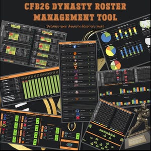 May include: A collection of digital charts and graphs with the text "CFB26 DYNASTY ROSTER MANAGEMENT TOOL" and "Because your dynasty deserves more". The charts display data with green, orange, and yellow highlights, and include team logos and game schedules.