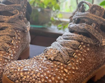 Custom Timberland Boots Swarovski Crystal Pearl and Lace Embellished Timbs One of a Kind Wearable Art Size 9.5