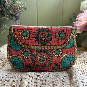 Handmade floral pink and teal metal mosaic clutch purse with gold accents