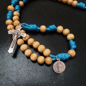 Handmade St. Benedict Rosary: Natural Wood Rosary Beads, Paracord, Heavy-Duty Crucifix, Customizable